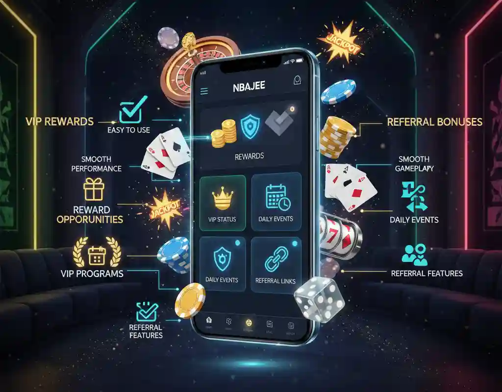 Create a high-quality, modern digital illustration showing why NBajee is popular in Bangladesh. Central focus: a sleek smartphone displaying the NBajee app dashboard with highlighted features like rewards, VIP status, daily events, and referral links. Surround the device with casino equipment such as a roulette wheel, poker chips, dice, slot machine reels, playing cards, and glowing jackpot icons to convey excitement and engagement. Add visual indicators for key benefits: Easy to Use, Smooth Performance, Reward Opportunities, VIP Programs, Daily Events, and Referral Features, using floating icons, checkmarks, and glowing arrows pointing to the device. Incorporate subtle Bangladeshi cultural elements like green and red neon highlights to hint at the local user base. Background: dark premium casino tones with neon gold, blue, and purple accents, holographic sparkles, and soft reflections to convey trust, loyalty, and long-term engagement. Bold typography placeholders for phrases: 'Popular in Bangladesh', 'VIP Rewards', 'Daily Bonuses', 'Smooth Gameplay', 'Referral Rewards'. Clean, cinematic, immersive betting aesthetic, no people.